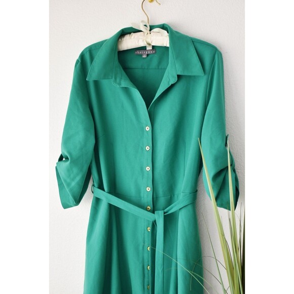 Sharagano  Shirt dress Woman's L Green A-line 3/4 Sleeve Button Classic Colorful - Picture 2 of 7